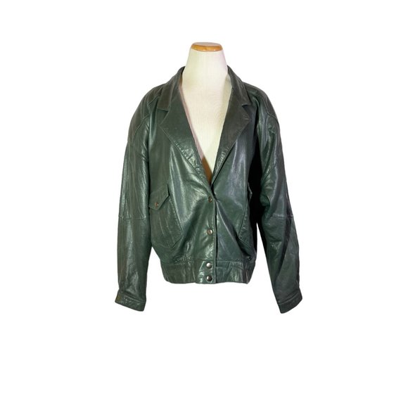 Vintage 1980s West Bay Sport Leathers Size 16 Lamb Leather Jacket Green - Picture 1 of 16